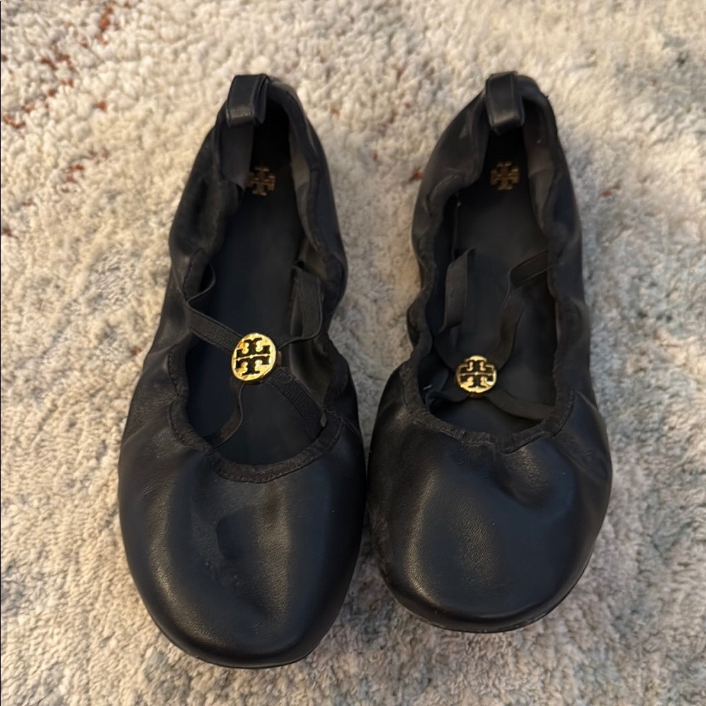Tory Burch Black Leather Flats with Gold Logo